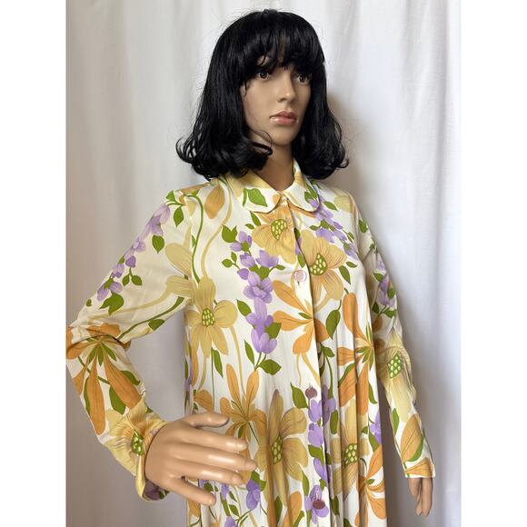 American Vintage unbranded 70's yellow Floral Maxi button down Dress medium - Picture 5 of 16